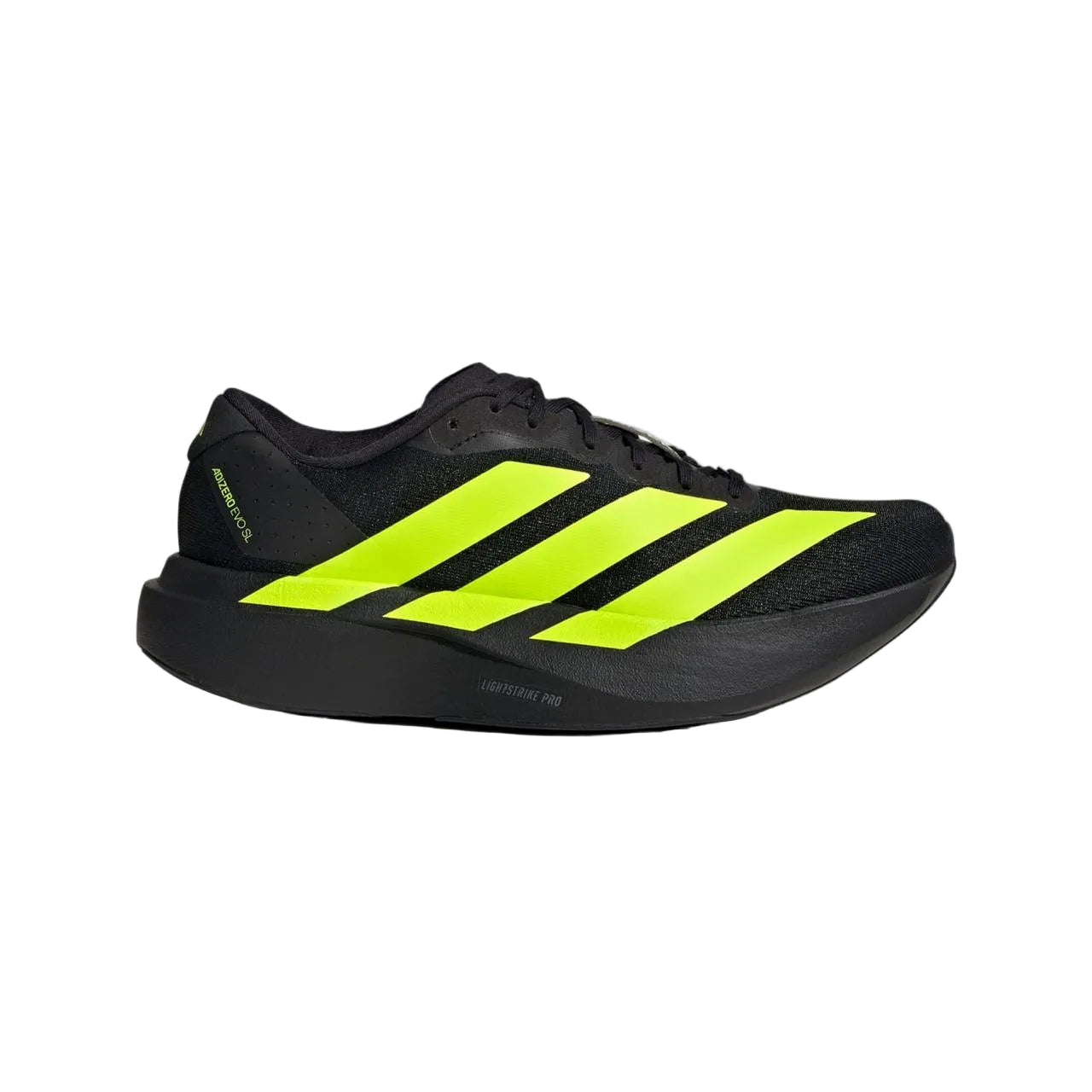 Black running shoe with bright yellow stripes on a light gray background